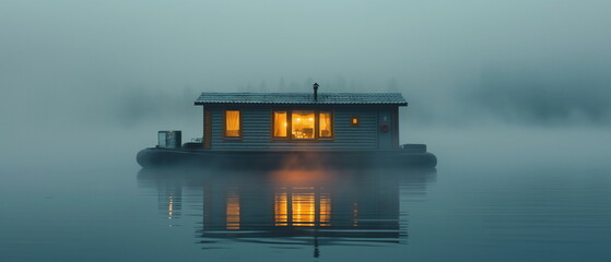 Wall Mural - A houseboat at dawn the fog slowly rises from the _002