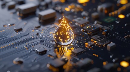 Poster - A close-up view of a water droplet on a circuit board, showcasing the intricate details of electronics and the interplay of light.