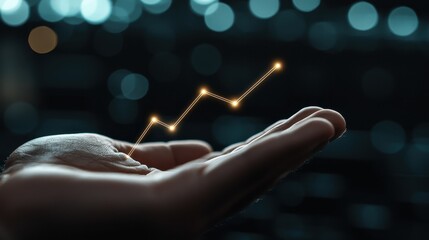 Poster - A hand holds a glowing line graph, symbolizing growth, success, and data analysis against a blurred, dark backdrop.