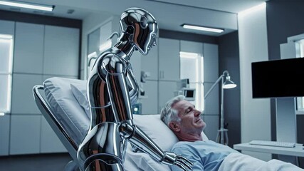 Poster - Futuristic chrome robot nurse delivering personalized healthcare, gently supporting elderly patient in hospital bed with advanced medical technology, moving in slow motion