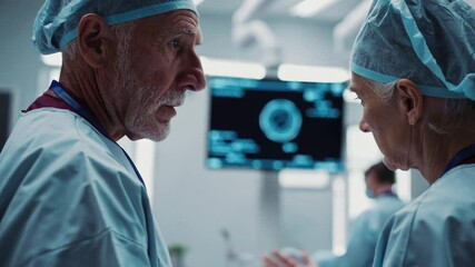Aufkleber - Professional medical team wearing surgical gowns having a discussion about a patient's diagnosis in a modern operating room with advanced medical technology