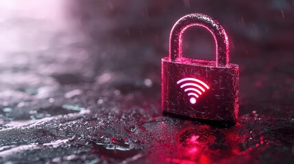 Poster - A glowing pink padlock with a Wi-Fi symbol, set against a wet surface, symbolizes digital security and internet protection.