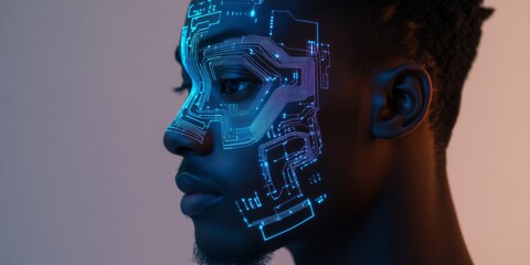 Fototapete - A close-up profile of a human face with a digital circuit design. The image merges technology with human features, showcasing modern art style. It conveys innovation and creativity. AI