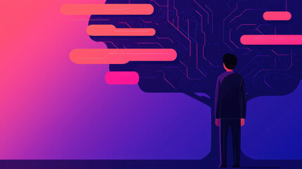 Poster - Virtual classroom online learning concept, person stands before digital tree, symbolizing technology and growth