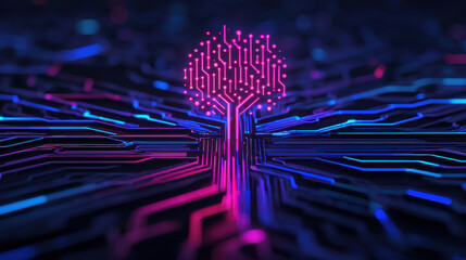 Fototapete - Virtual classroom online learning concept, Digital tree design with circuit patterns in vibrant colors