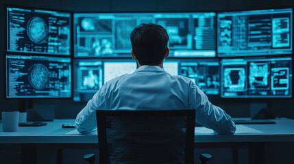 Poster - Virtual classroom online learning concept, Man working at multiple computer screens in dark office environment, analyzing data