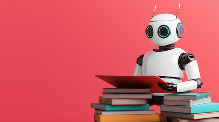 Poster - Virtual classroom online learning concept, Robot studying with books on colorful background, showcasing technology and learning