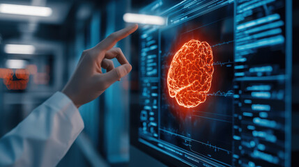 Poster - Virtual classroom online learning concept, Hand pointing at glowing brain scan on digital screen in lab