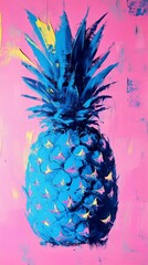 Poster - Bright blue pineapple painted on a vibrant pink background, bold strokes and vivid colors. Pop art and contemporary design concept