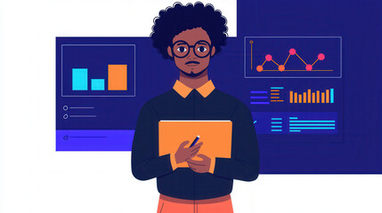 Poster - Virtual classroom online learning concept, Man with curly hair holding notebook, analyzing data charts and graphs