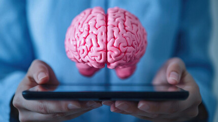 Poster - Virtual classroom online learning concept, Brain model above smartphone, symbolizing digital learning and innovation