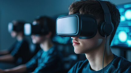 Poster - Virtual classroom online learning concept, Immersive virtual reality experience with young users engaged in gaming