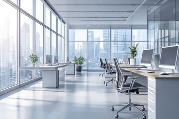 Poster - a bustling office with many desks and computers