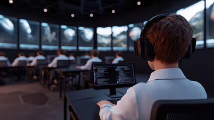 Poster - Virtual classroom online learning concept, Student in headset focused on computer screens in tech classroom