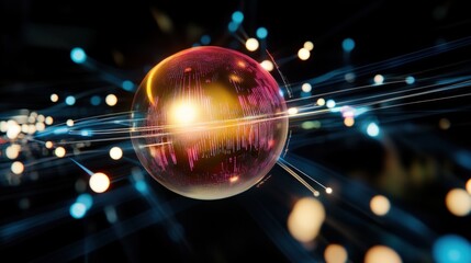 Poster - Dynamic energy sphere visualizing quantum particles digital realm 3d animation futuristic environment close-up view science concept