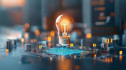 Poster - Innovative light bulb design showcased on a circuit board technology hub digital art futuristic environment close-up view creativity in motion
