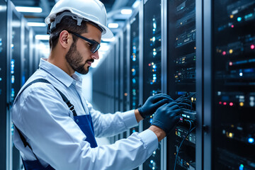 Poster - Technician works diligently in a data center, adjusting server connections among rows of computer racks. The ambiance is high-tech with glowing screens and cables