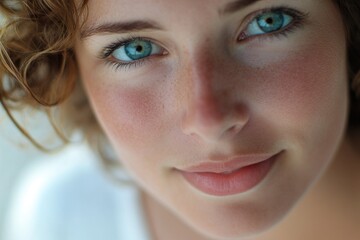 Wall Mural - A close-up portrait of a woman with striking blue eyes