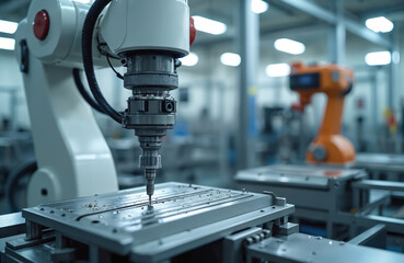 Poster - Automated drill robot arm on modern industrial factory manufacture floor. Robotic machine tool drills metal plate. Cybernetic arm navigate in workshop. Industry 4. 0 concept on assembly line.