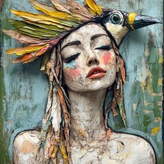 Wall Mural - a portrait of a woman with a bird perched on her head, a unique and fascinating scene