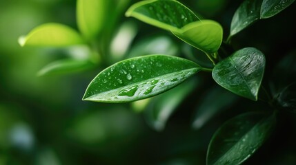 Wall Mural - A detailed view of a leaf with water droplets glistening in the light, perfect for nature and environmental use