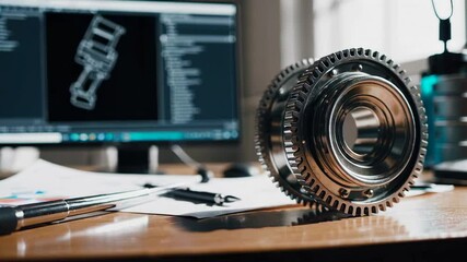 Poster - Polished metal gear rotating slowly on a desk. With technical drawings displayed on a computer screen and engineering tools in the background. Showcasing precision and innovation in mechanical design