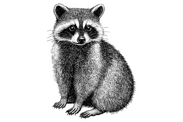 black sketch of a raccoon in old engraving style, antique wildlife illustration, vintage art, forest