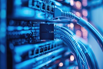 Poster - a close-up shot of various cables and wires connected to a server