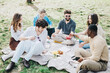 © qunica.com - A cheerful group of friends gather on a sunny day, sharing food and laughter during a relaxing picnic in the park. The image captures the essence of friendship and outdoor leisure.