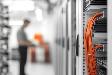 Poster - Man working in a server room with computer equipment and wires