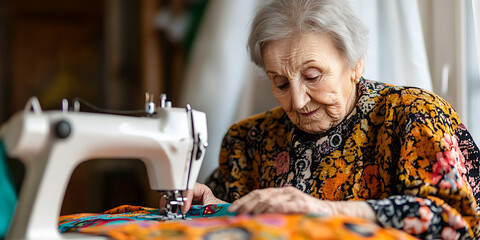 Senior woman sewing a colorful quilt. An elderly woman engaged in a creative hobby at home. Crafting and quilting skills remain sharp with age.