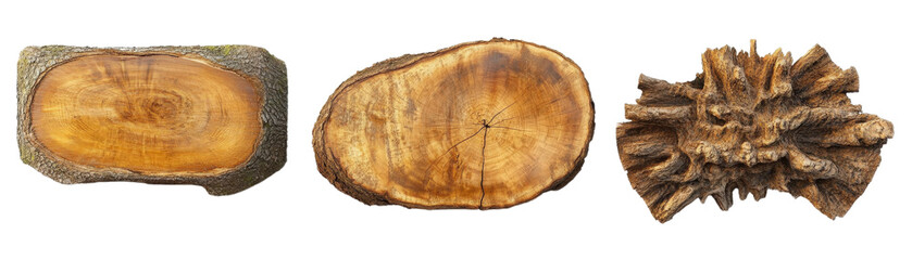 Aufkleber - Three pieces of wood showcasing different textures and natural patterns on a neutral background isolated on transparent background..