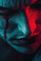 Poster - Close-up shot of a person's face with a bright red light shining on it, great for highlighting or emphasizing the importance of this element in an image