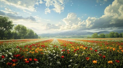 Wall Mural - Colorful Tulip Field Under Bright Sky with Clouds and Mountain Range in Background