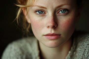 Wall Mural - Close-up portrait of a woman with distinctive freckles on her face, suitable for use in editorial or commercial contexts