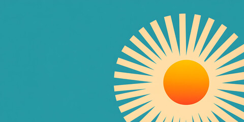 Poster - Stylized sun illustration. An abstract sun graphic with golden rays radiating from an orange center set against a solid turquoise background.