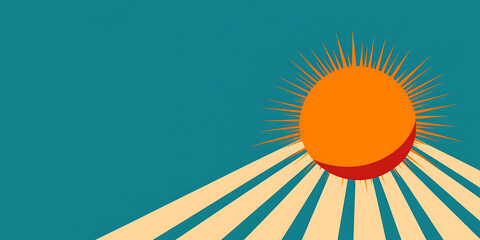 Poster - A stylized sun shines brightly on a vibrant blue background, with rays spreading out to give a retro look. It is full of summer energy and optimism.
