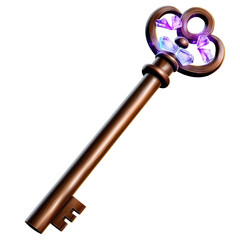 Poster - Key illuminated with purple light on a dark surface showcasing intricate design and unique features isolated on transparent background..