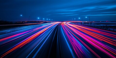 Poster - Bright lights and vibrant colors fill the night sky. A stunning display of movement captured through long exposure photography. This modern image emphasizes speed and energy. AI.
