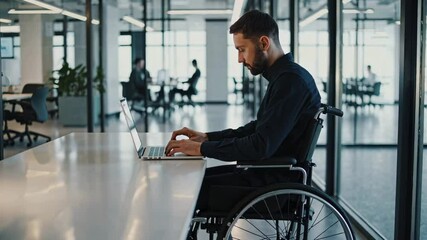 Aufkleber - Office worker with disability using a laptop at his desk in a bright and modern office, captured in a slow motion sequence emphasizing workplace inclusivity