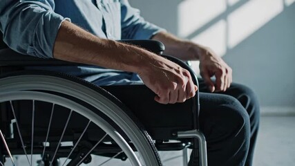 Aufkleber - Close up slow motion revealing male professional hands confidently gripping wheelchair handles, representing workplace mobility, independence, and inclusive employment environment