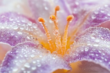 Wall Mural - A close-up view of a beautiful purple flower with water droplets glistening on its petals, great for use in floral or nature-themed designs