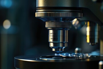 Poster - a close-up view of a microscope sitting on a table, ready for use