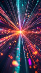 Poster - Colorful light burst with streaks and particles on dark background. Digital data and technology concept