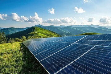 sustainable energy banner with a gleaming solar panel array lush green hills under a clear sky and a