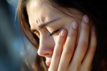 Poster - A person hiding their face with their hand, conveying emotions of sadness or shame