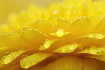 Wall Mural - Close-up shot of a bright yellow flower with water droplets glistening on its petals, ideal for use in nature-themed designs and illustrations