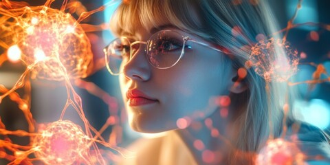 Aufkleber - A thoughtful woman with glasses gazes at vibrant, colorful neural connections. This artistic representation combines technology and human emotion. An inspiring and modern style. AI