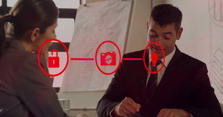Poster - Image of network of connections with icons over caucasian colleagues at meeting
