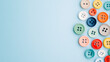 © A2Z AI  - An assortment of colorful sew-through buttons arranged on a bright blue background. Perfect for crafting, sewing, or design projects.